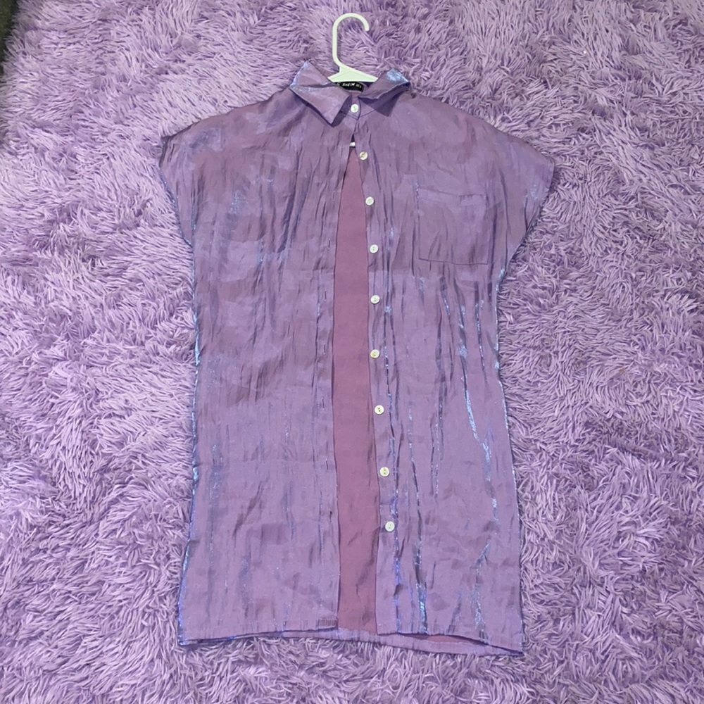 Holographic Drop Shoulder Patched Pocket Satin Blouse